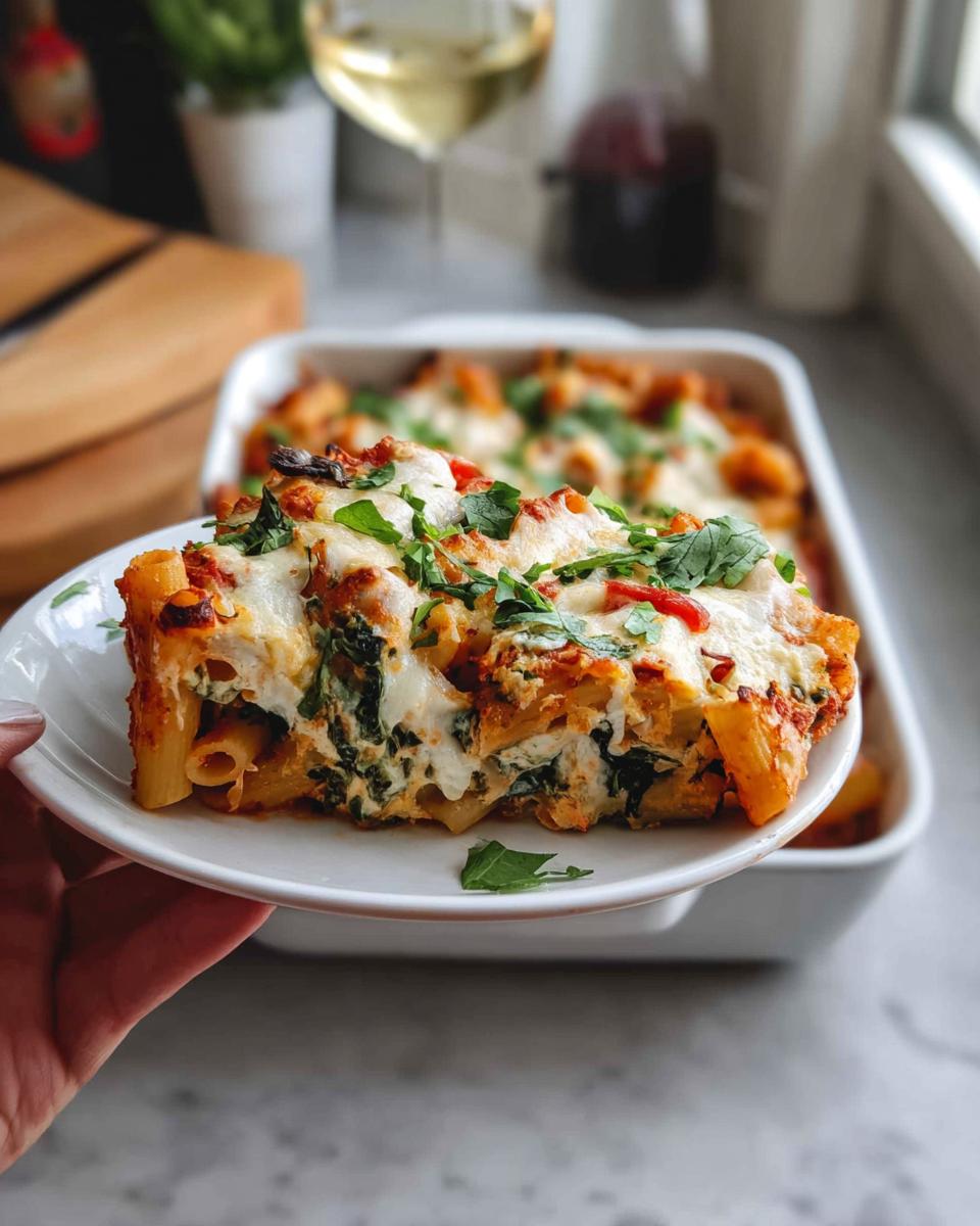 A slice of baked ziti casserole with melted cheese and spinach, a perfect dinner idea.