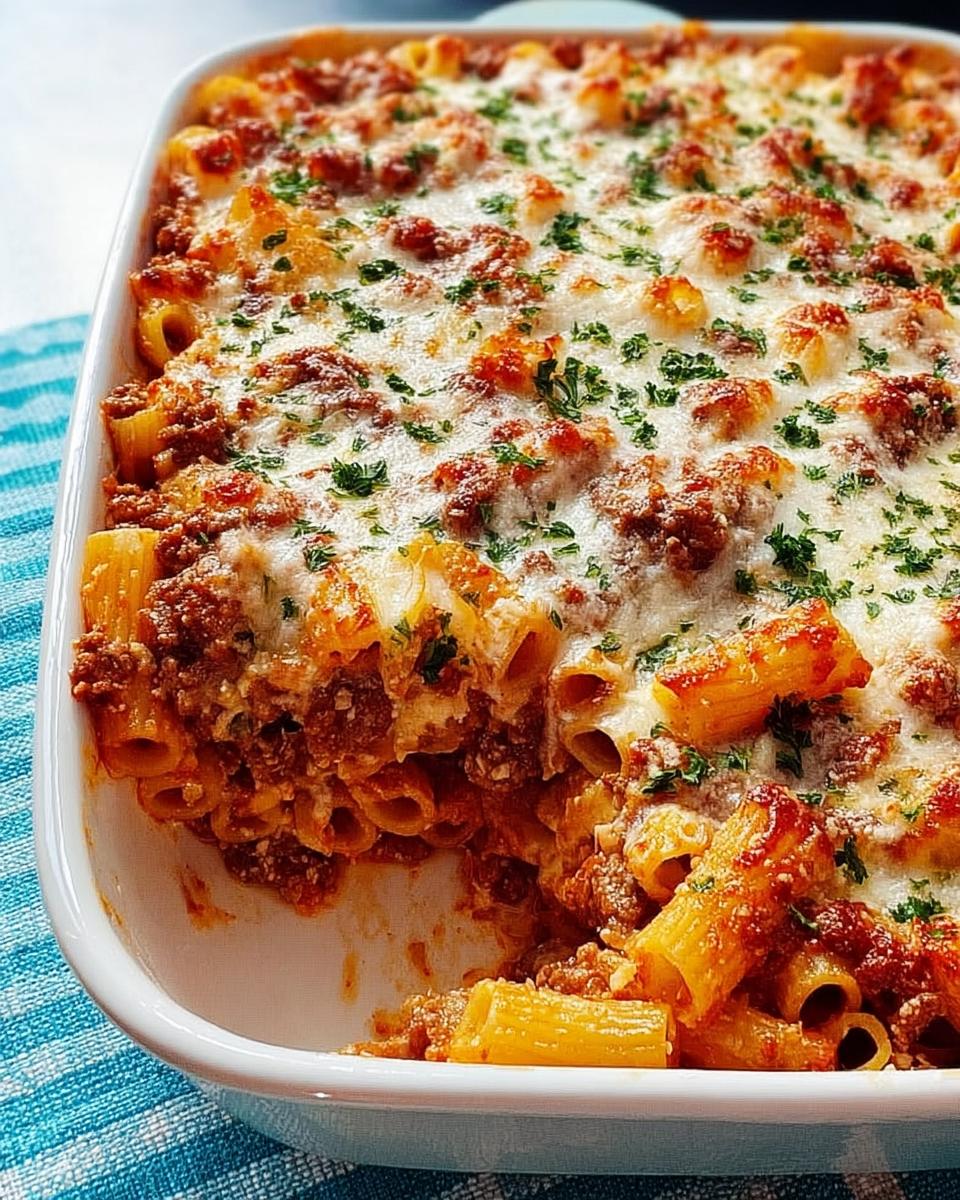 A close-up shot of a freshly baked Baked Ziti with Ground Beef, topped with melted cheese and parsley.