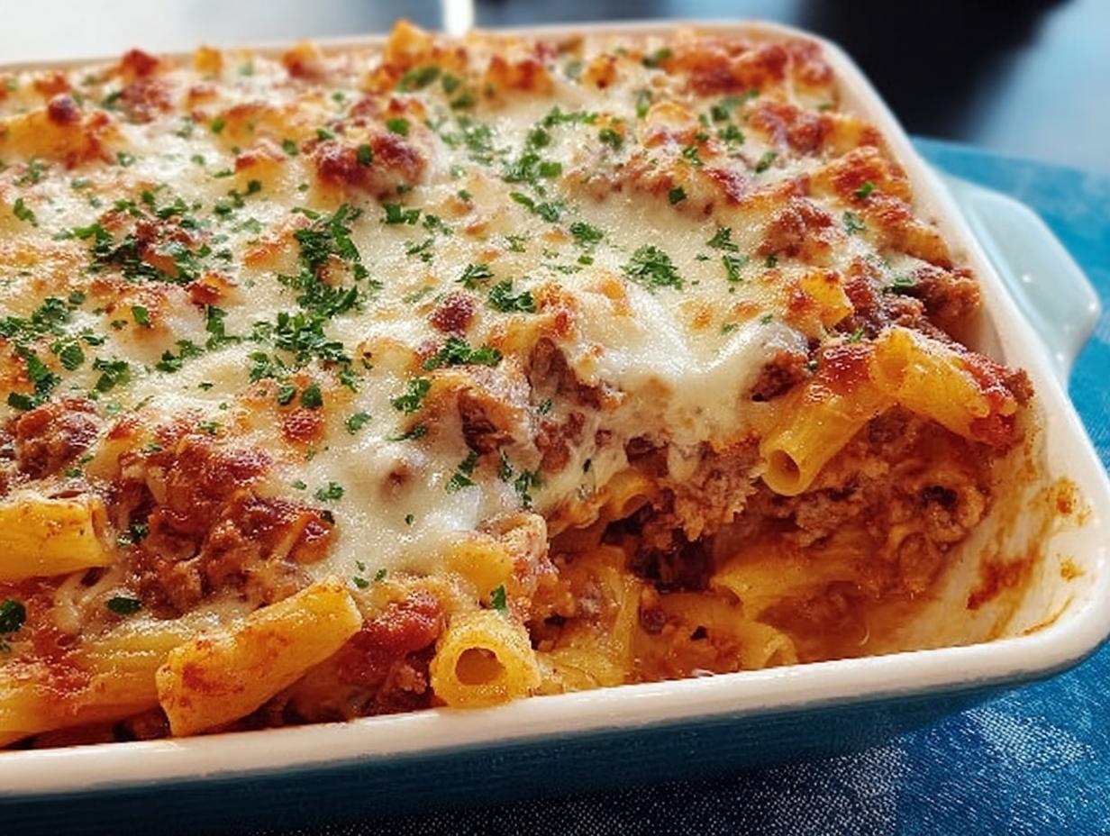 Close-up of a baking dish filled with cheesy Baked Ziti with Ground Beef, topped with melted cheese and parsley.