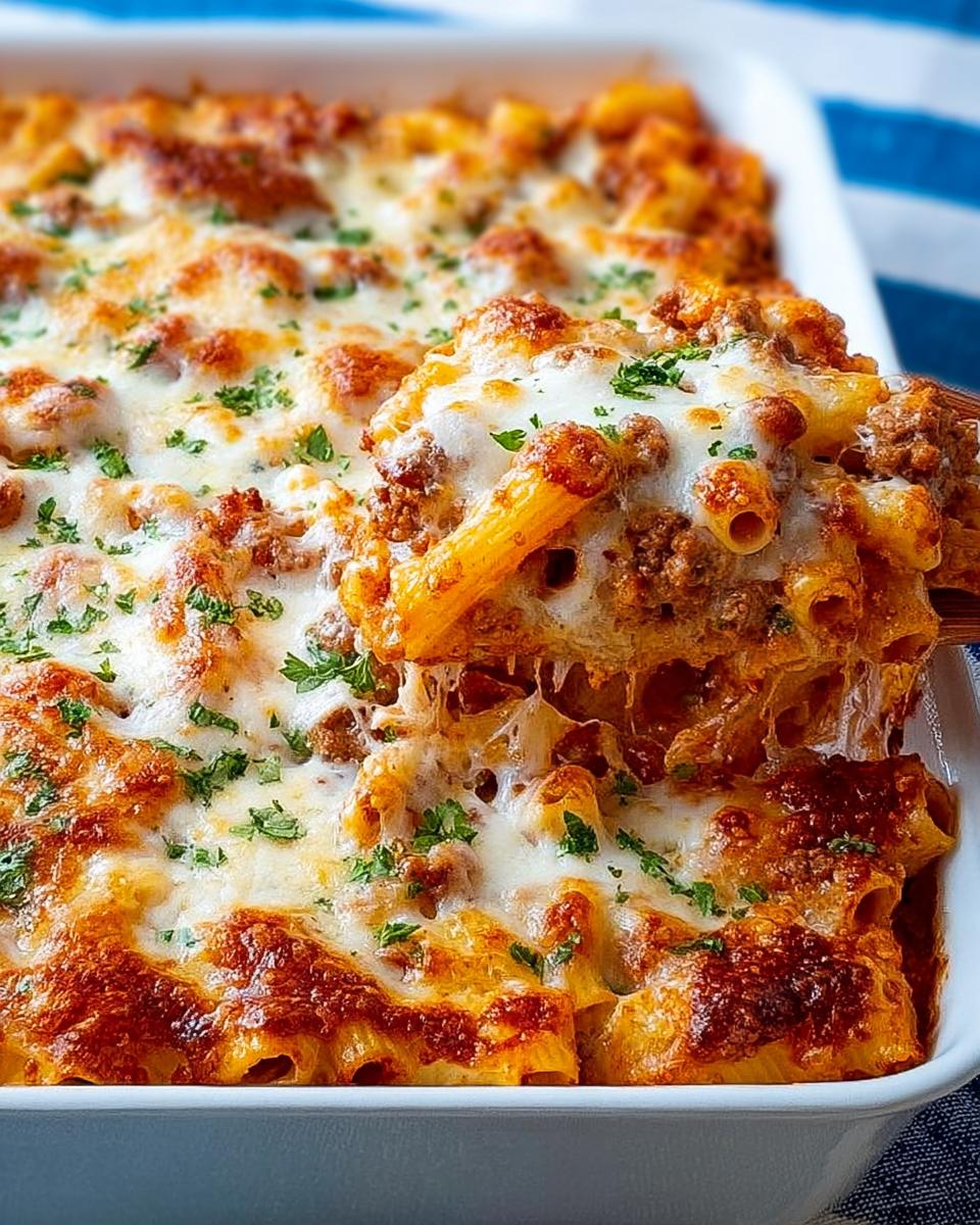 A scoop of cheesy Baked Ziti with Ground Beef being lifted from a white baking dish, showing melted cheese pull.