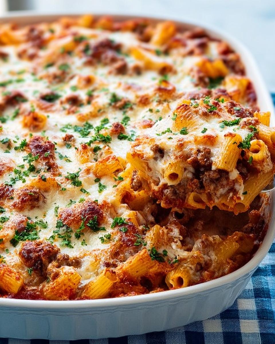 A serving spoon lifts a portion of cheesy Baked Ziti with Ground Beef from a white casserole dish.