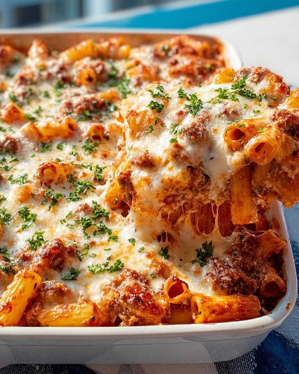 A serving of Baked Ziti with Ground Beef being lifted from a white dish, showing melted, stringy cheese and parsley garnish.