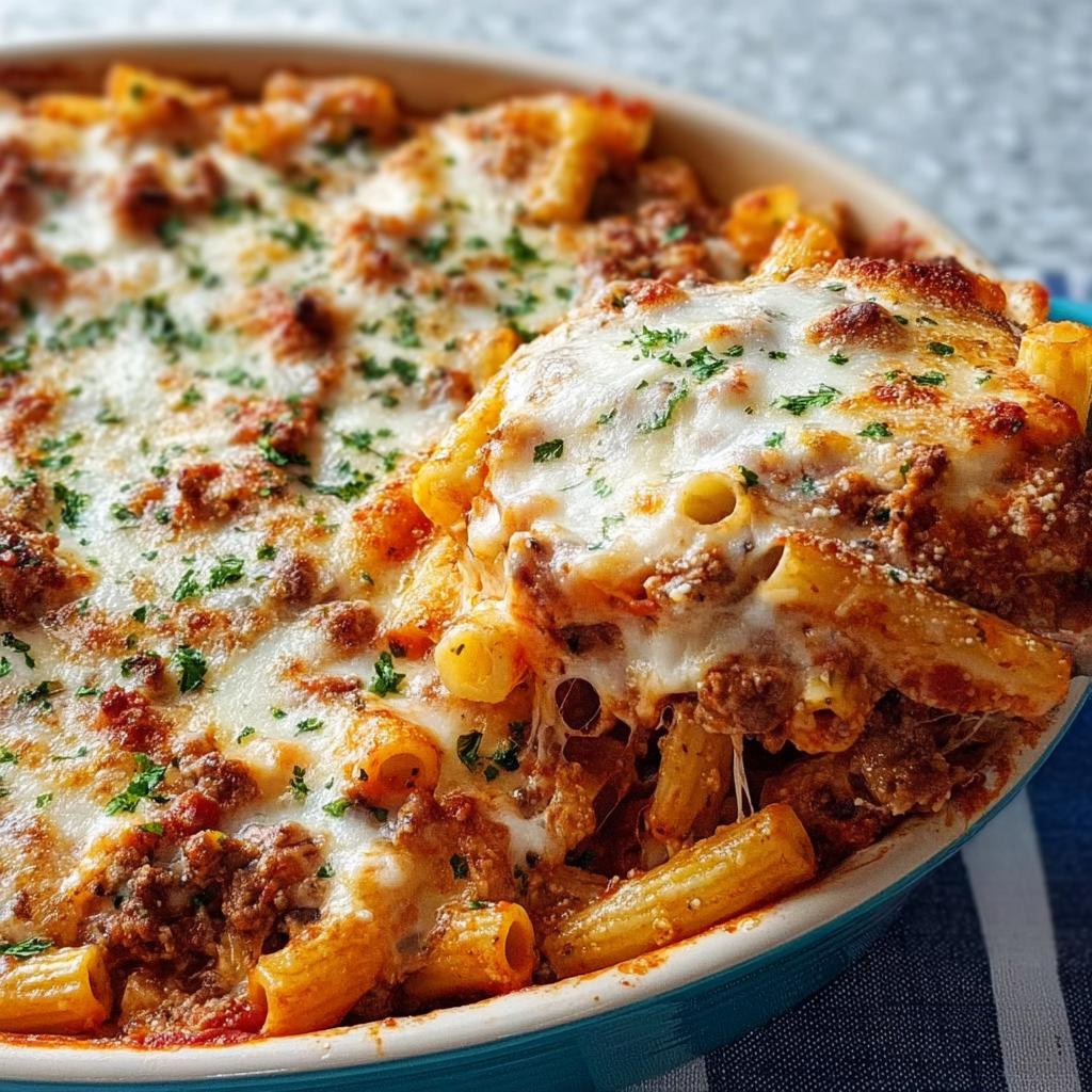 A serving spoon lifting a portion of cheesy Baked Ziti with Ground Beef from a casserole dish.