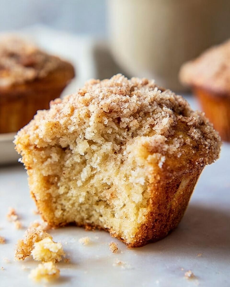 Close-up of a bakery style Banana Muffins with a bite taken out, showing the moist interior and thick cinnamon crumb topping.