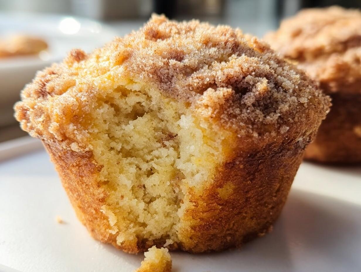 Close-up of a bakery style Banana Muffins with a bite taken out, showing the moist crumb and cinnamon streusel topping.