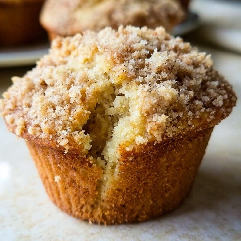 Close-up of a moist Bakery Style Banana Muffins featuring a thick, sugary cinnamon crumb topping.