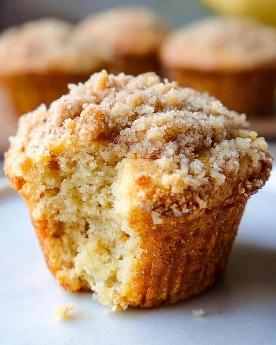 Close-up of a Bakery Style Banana Muffins with a bite taken out, showing moist interior and crumb topping.