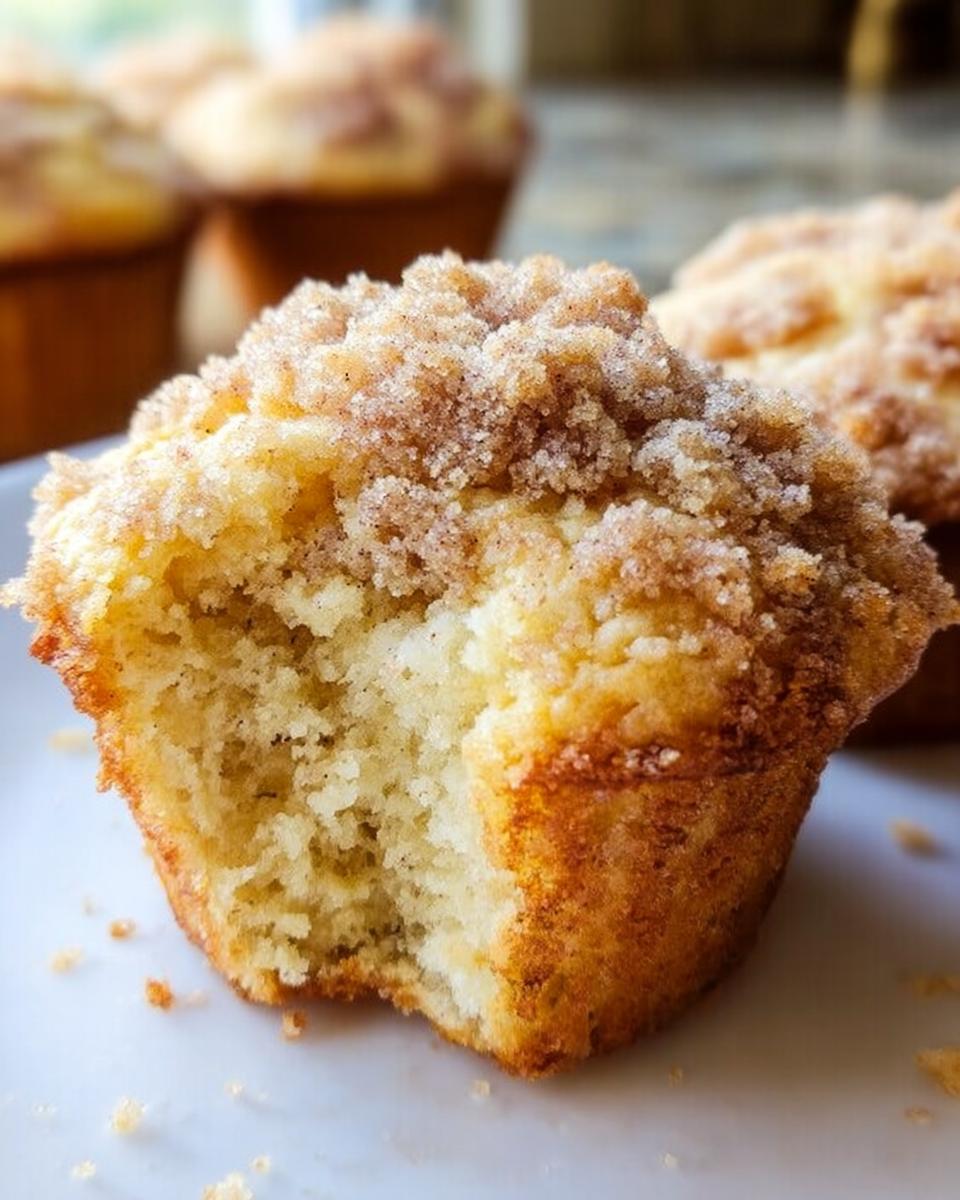 Close-up of a moist Banana Muffins with a thick, sugary cinnamon streusel topping, showing the fluffy interior.
