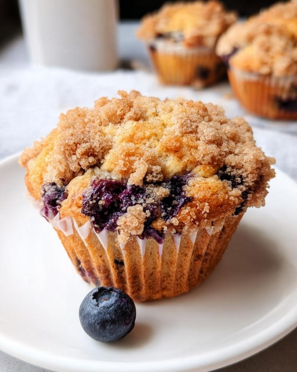 Close-up of a delicious Blueberry Muffin Like a Bakery, featuring a thick, sugary crumb topping and fresh blueberries.