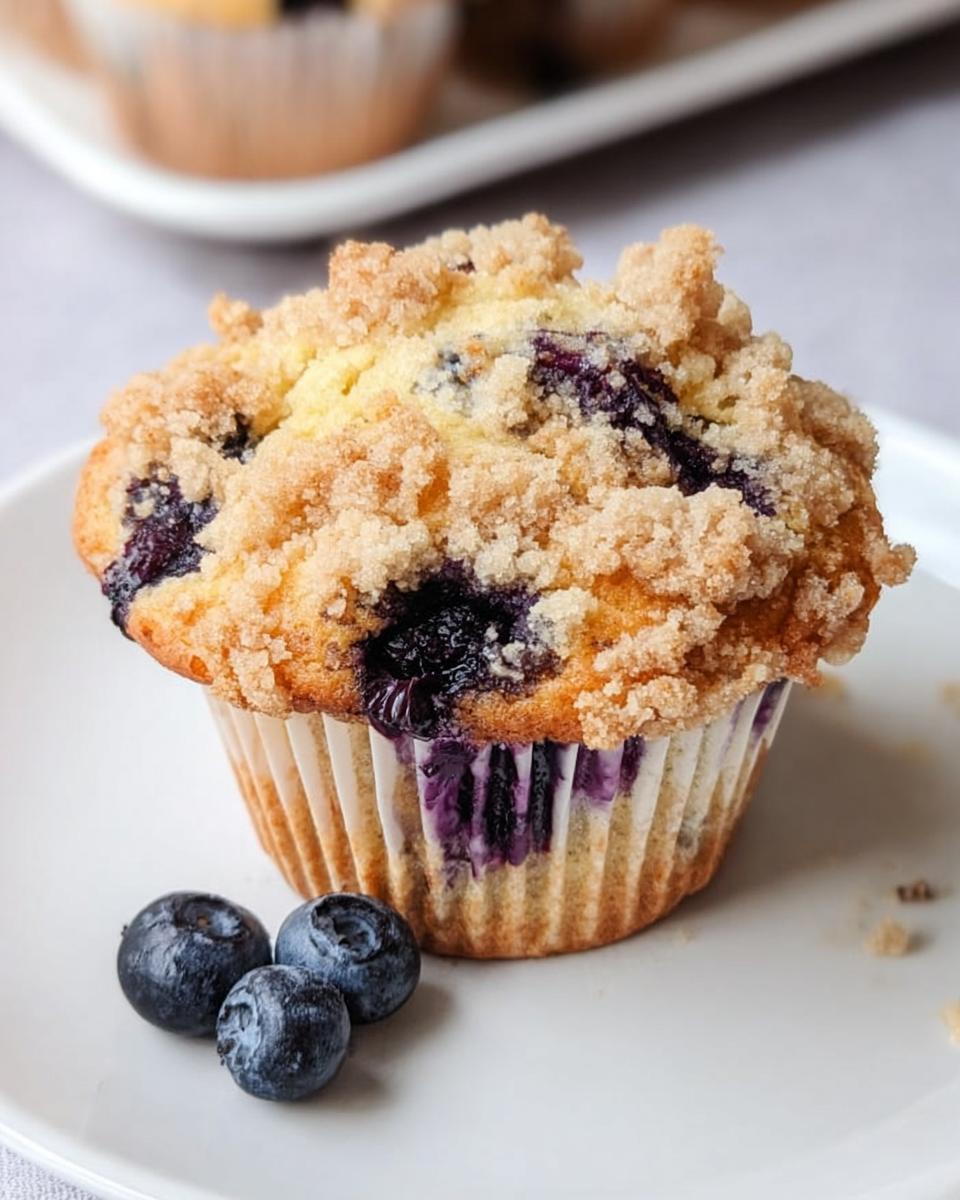 A close-up of a moist Blueberry Muffin Like a Bakery, featuring a generous streusel topping and fresh blueberries.
