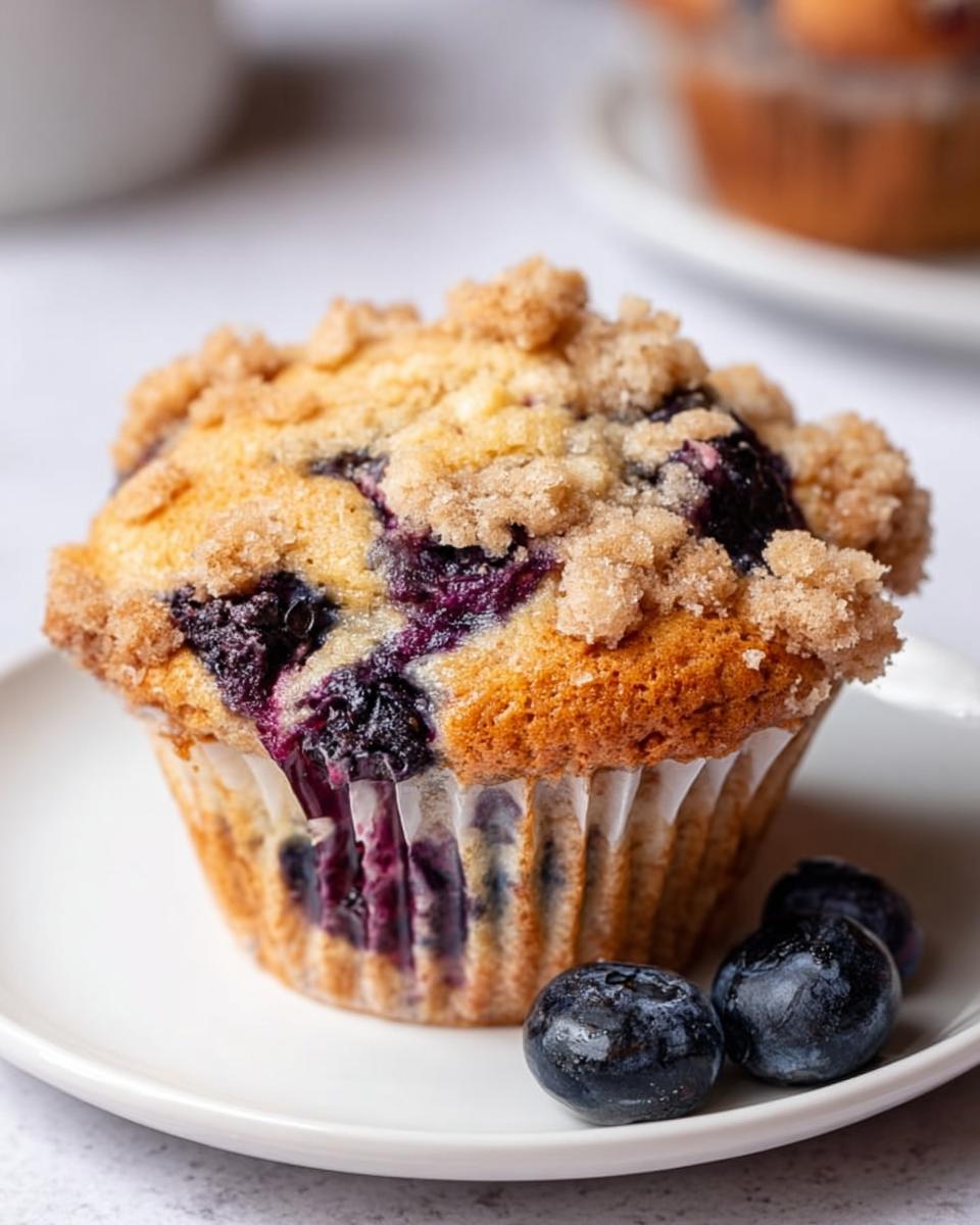 A close-up of a moist Blueberry Muffin Like a Bakery, topped with brown sugar streusel, served on a white plate with fresh blueberries.