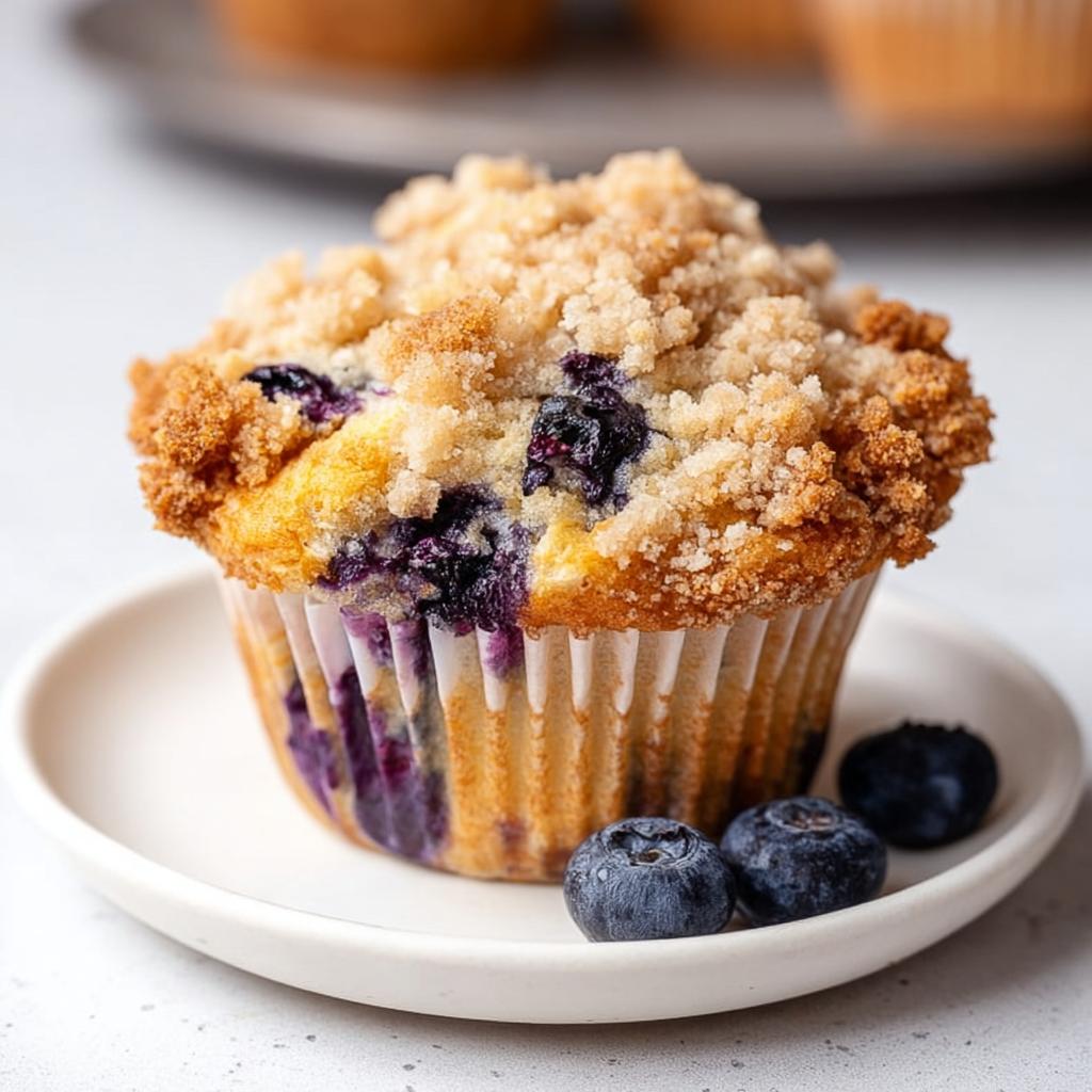 Close-up of a perfect Blueberry Muffins Like a Bakery with a golden crumb topping, served on a white plate.