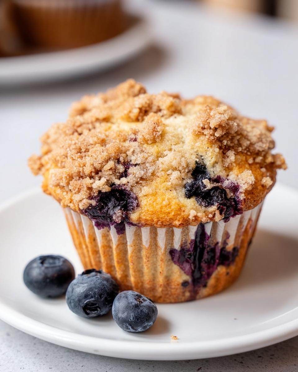 A close-up of one perfect Blueberry Muffins Like a Bakery, topped with crumbly streusel, sitting on a white plate with fresh blueberries.