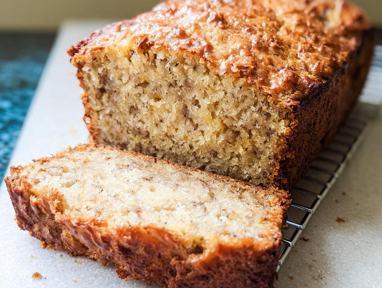 A close-up of a freshly baked loaf of Banana Bread in 20 Minutes, with one slice cut.