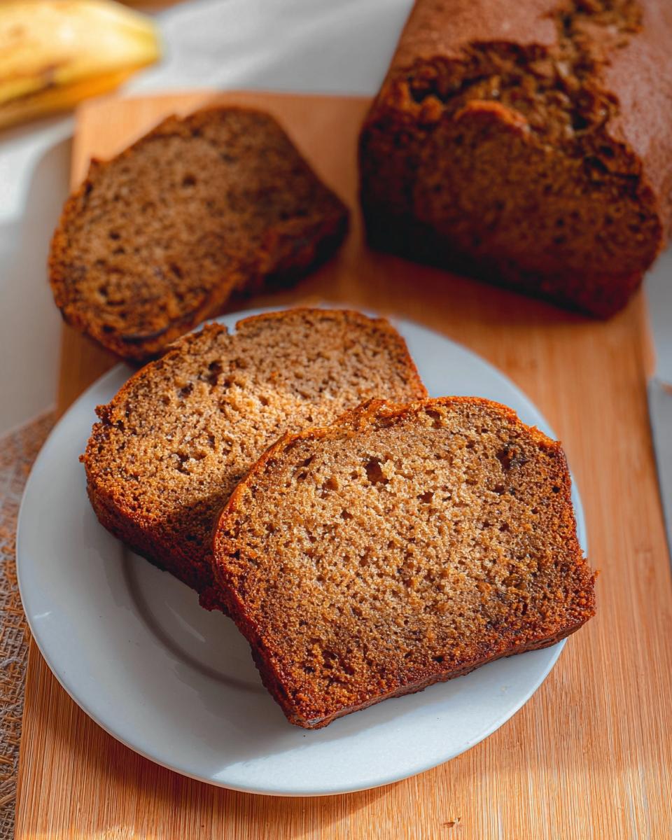 Three moist slices of Banana Bread for Busy Weeknights served on a white plate, with the loaf in the background.