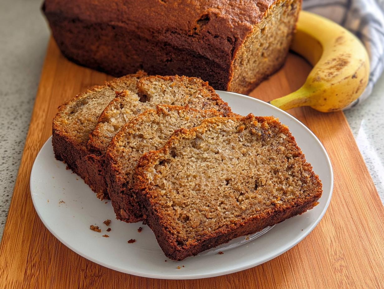 Slices of moist Banana Bread for Busy Weeknights, fresh from the oven, served on a white plate.