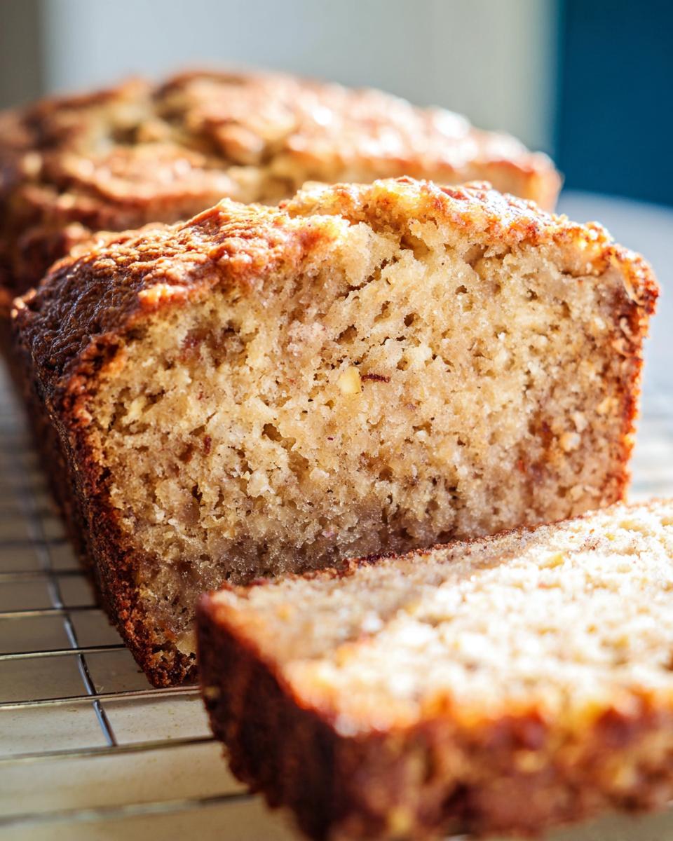 A close-up of a freshly baked Banana Bread in 20 Minutes, with one slice cut and placed in front.