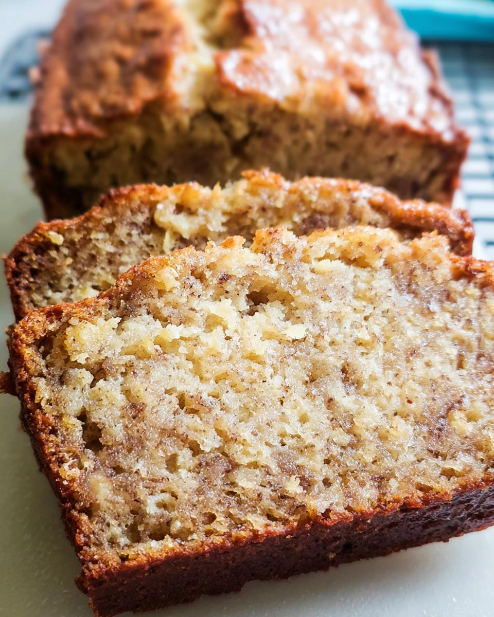 Close-up of sliced Banana Bread in 20 Minutes, showing a moist crumb and golden-brown crust.