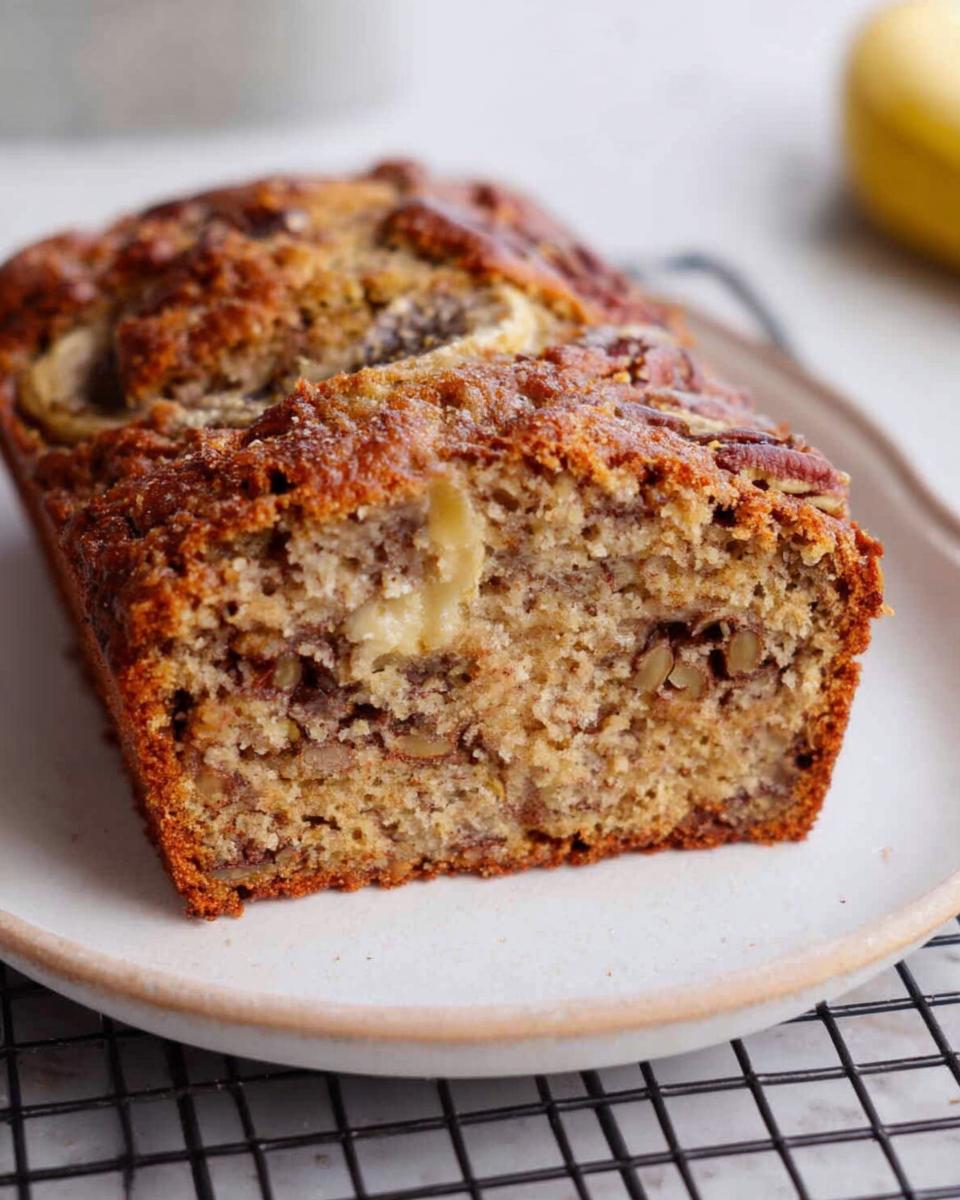 Cross-section view of a small loaf of Banana Bread Minis showing moist crumb, nuts, and banana pieces.