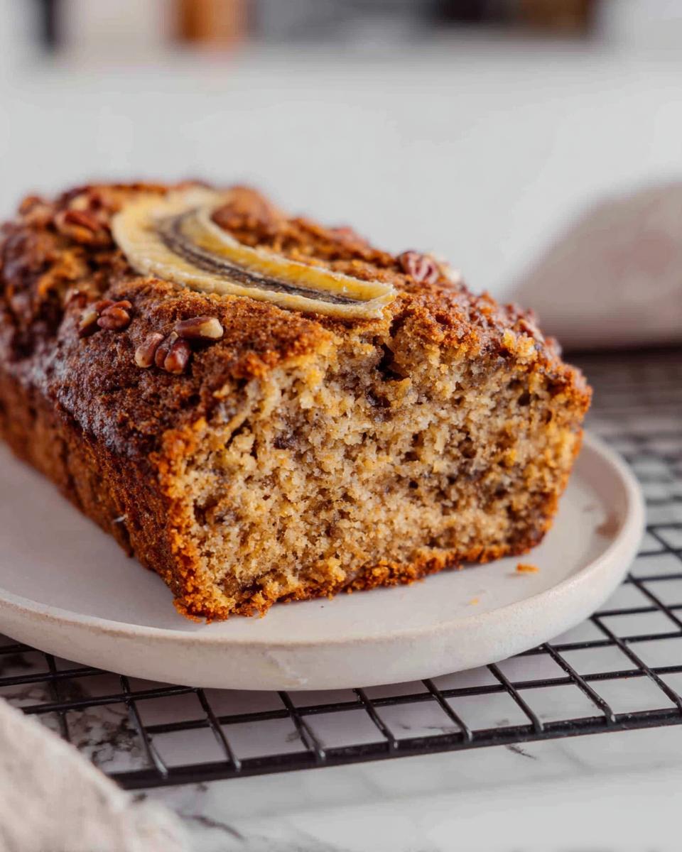 A close-up of a small loaf of moist Banana Bread Minis, topped with pecans and a banana slice.