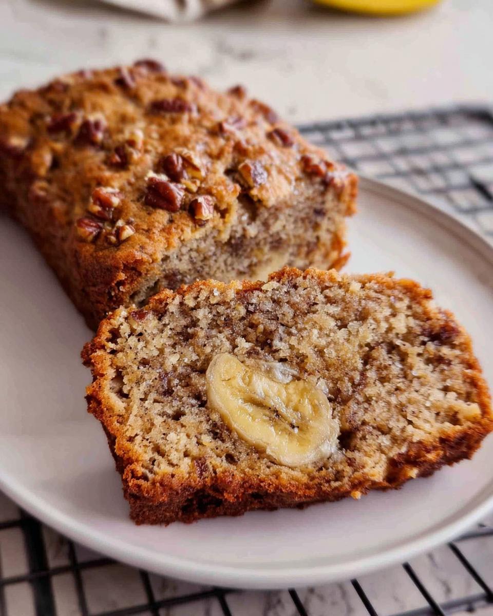 Close-up of a slice of moist Banana Bread Minis showing a banana slice embedded in the crumb and pecans on top.