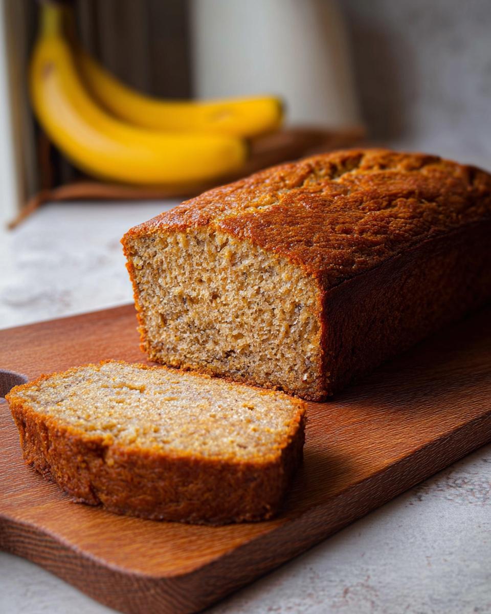 A slice of moist banana bread on a wooden board, with the rest of the loaf behind it and bananas in the background.