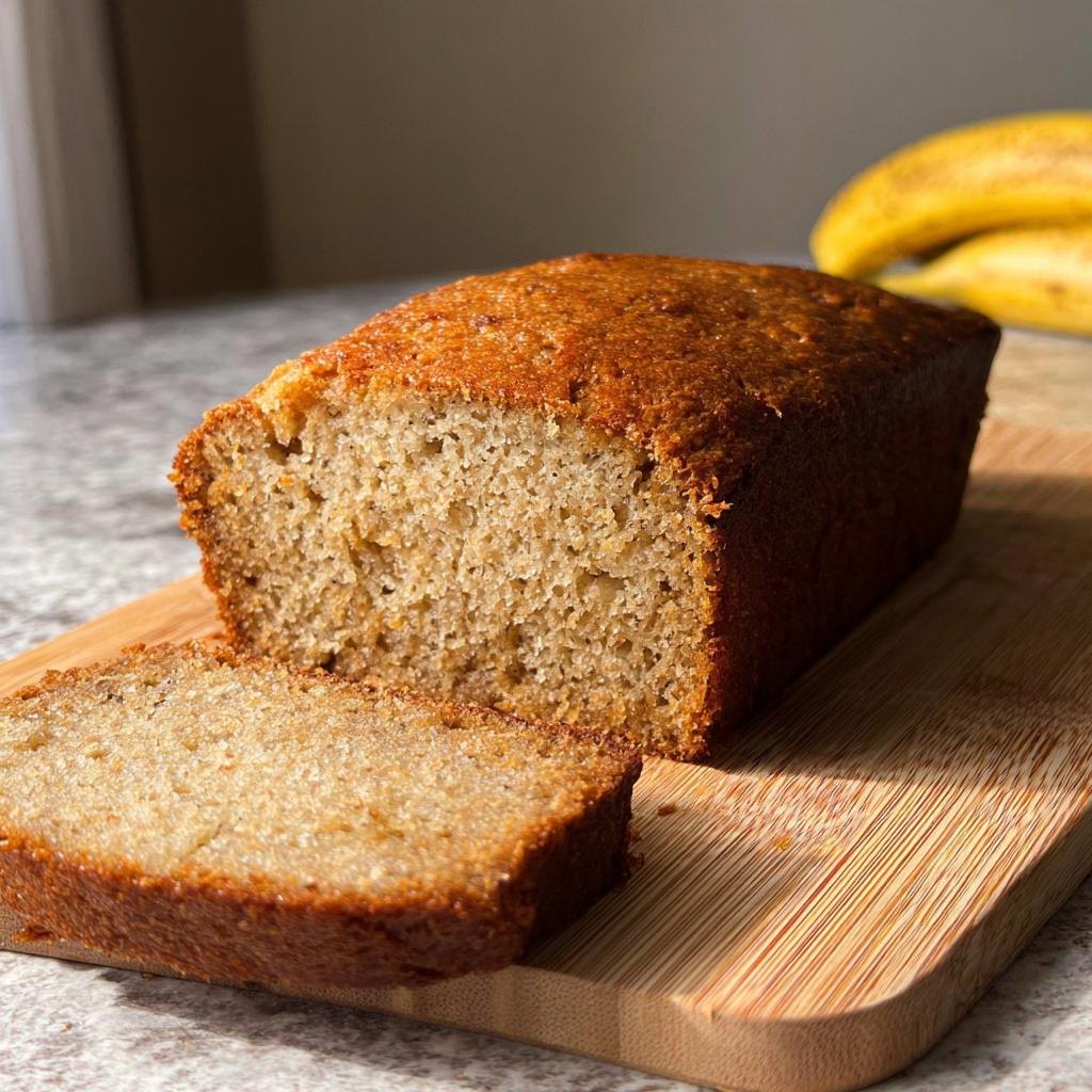 A slice of delicious banana bread from a loaf, showcasing its moist texture and golden-brown crust.