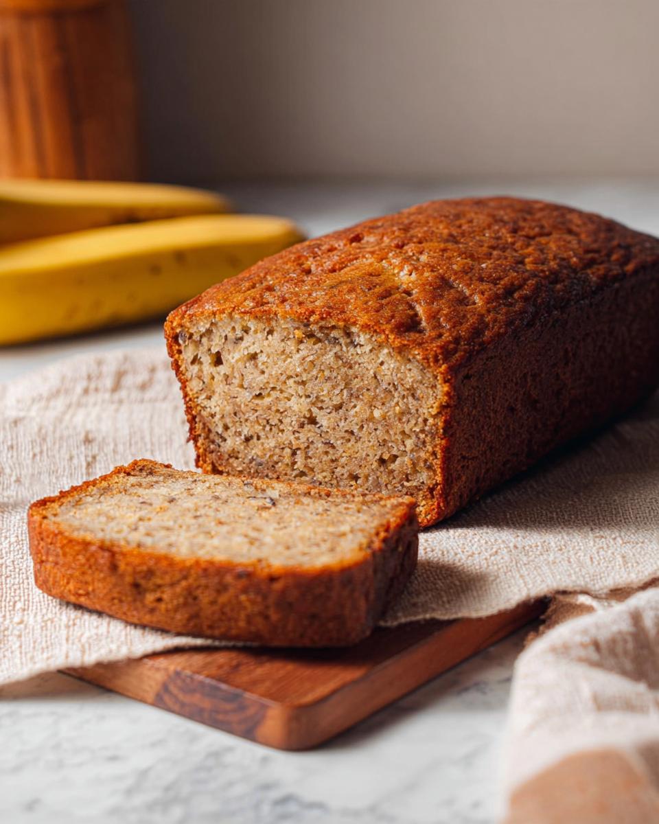 A slice of moist banana bread recipe, showing its tender crumb and golden-brown crust.