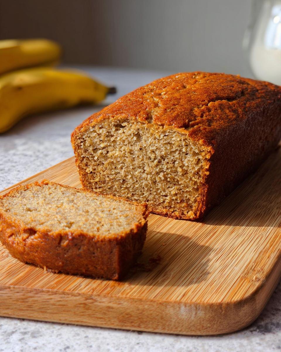 A slice of moist banana bread recipe on a wooden cutting board, with the loaf behind it.