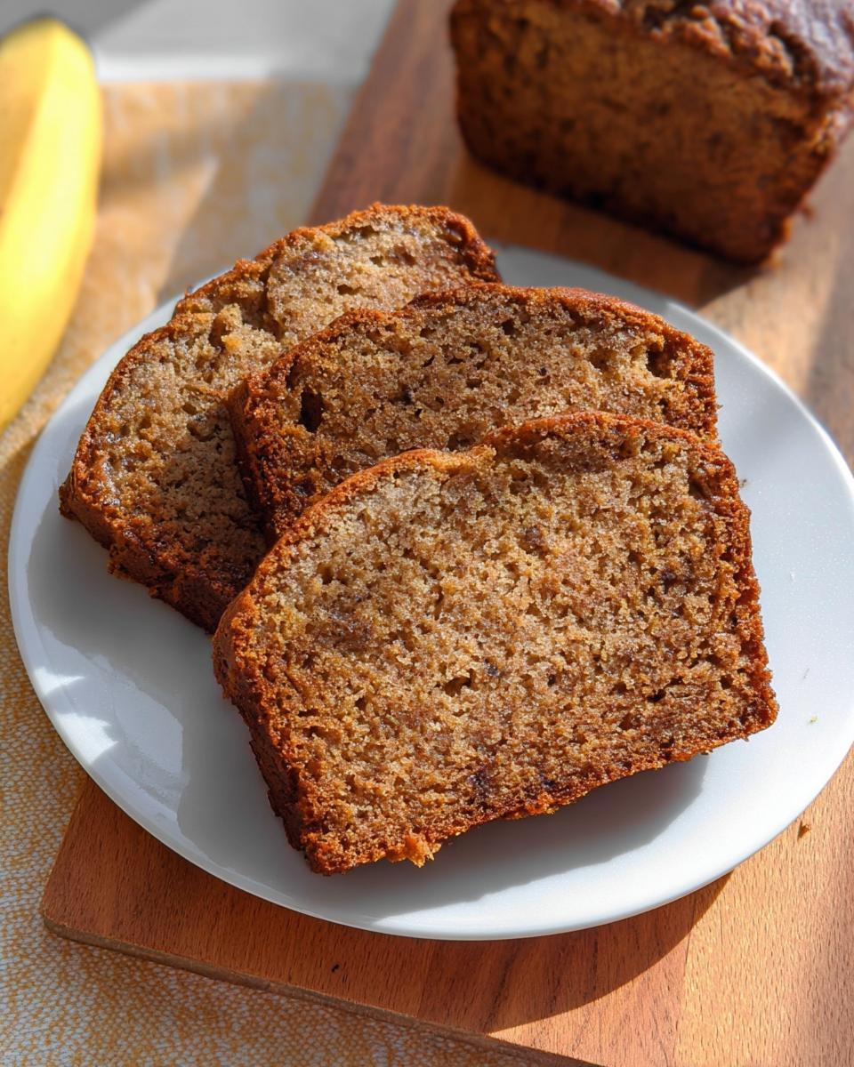 Three slices of moist banana bread on a white plate, with a whole banana and loaf in the background.