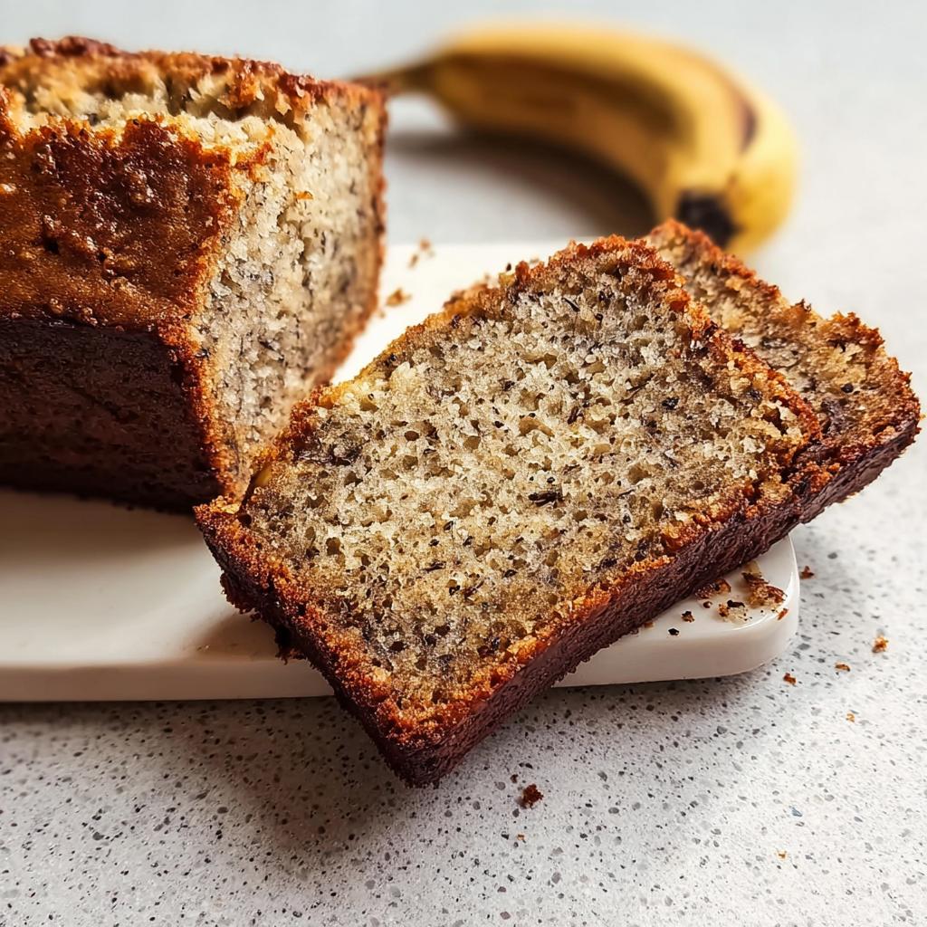 Close-up of moist banana bread slices with visible banana chunks, part of the loaf in the background.