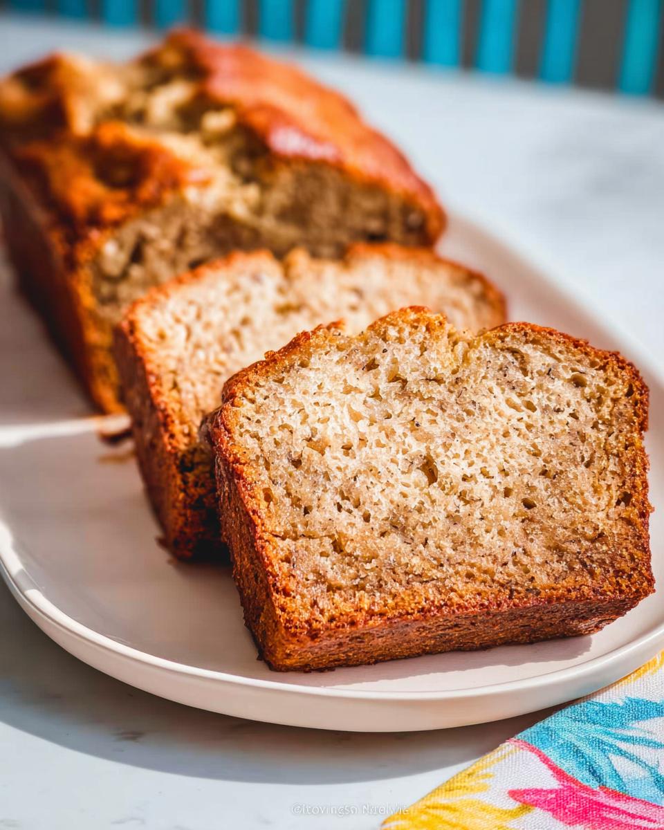 Close-up of thick slices of moist Banana Bread with Sour Cream showing a tender crumb texture.