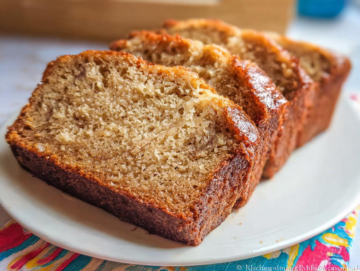 Four thick slices of moist Banana Bread with Sour Cream displayed on a white plate.
