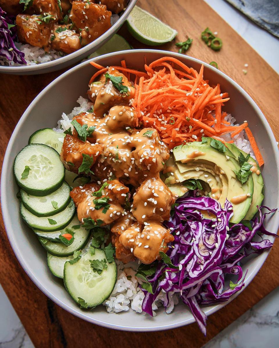 A vibrant Bang Bang Chicken Bowl featuring sauced chicken over rice, topped with shredded carrots, avocado, cucumber, and red cabbage.