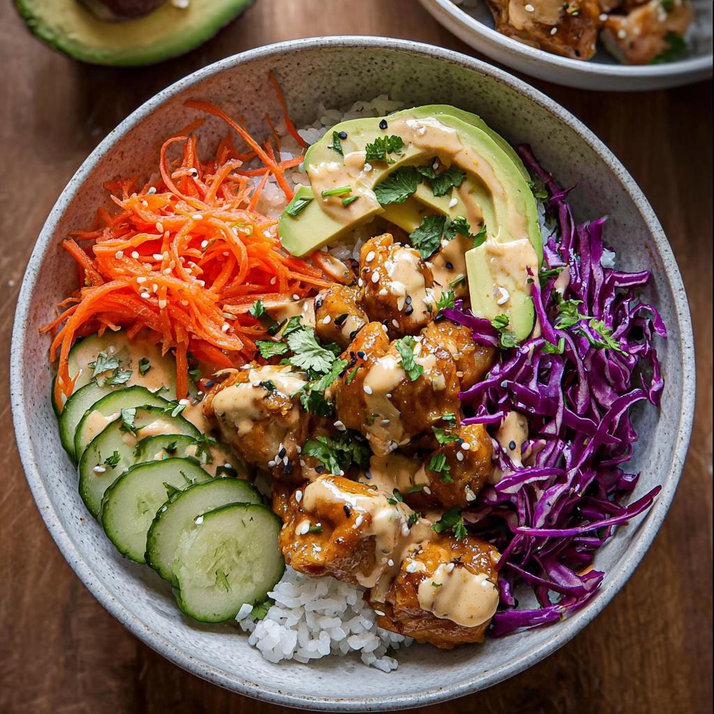 A colorful Bang Bang Chicken Bowl featuring crispy chicken, rice, avocado slices, shredded carrots, cucumber, and purple cabbage.