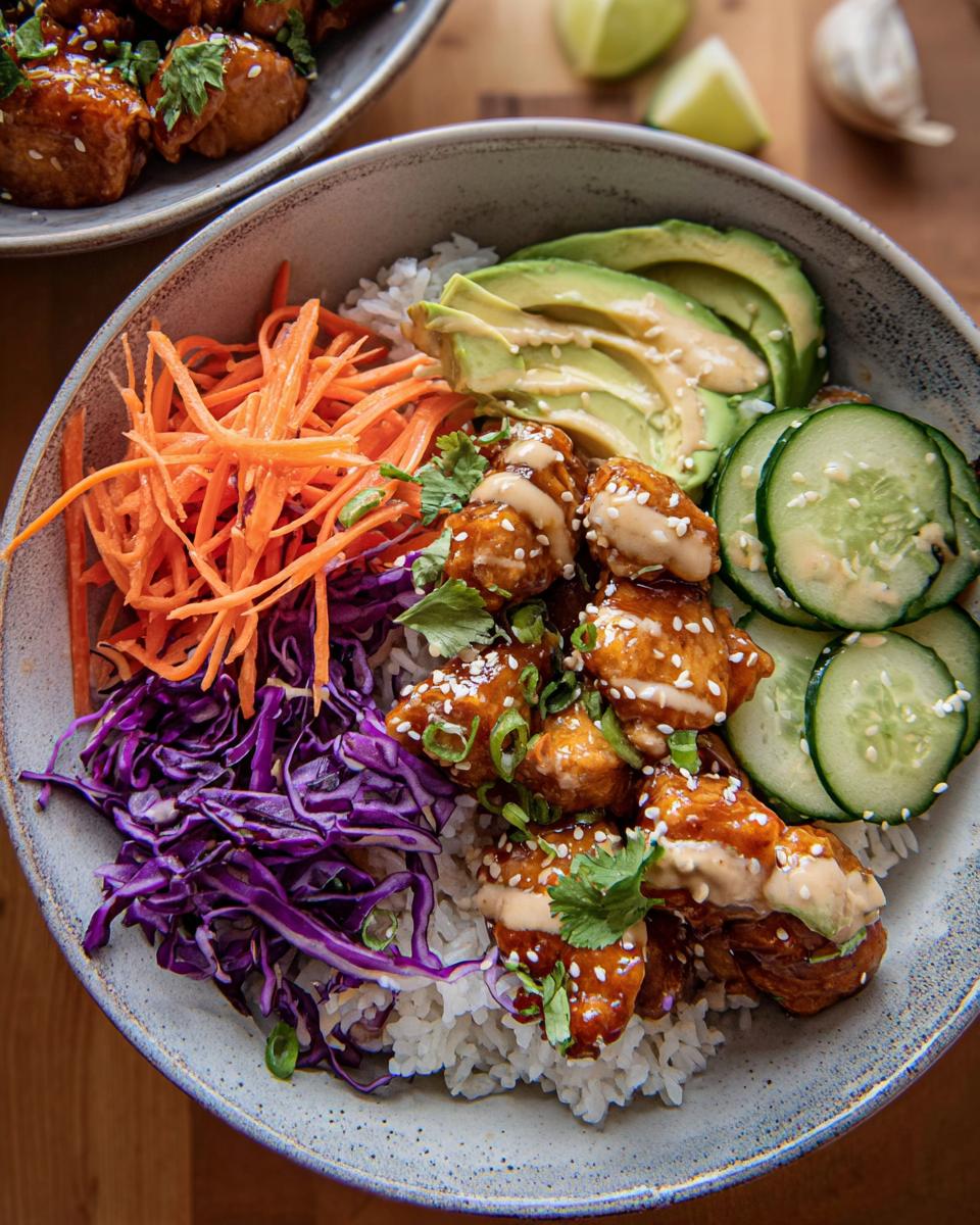 Close-up of a vibrant Bang Bang Chicken Bowl featuring sauced chicken over rice, topped with avocado, shredded carrots, cucumber, and purple cabbage.