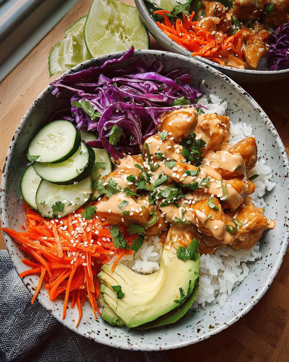 A vibrant Bang Bang Chicken Bowl featuring sauced chicken over rice, topped with avocado, shredded carrots, cucumber, and red cabbage.