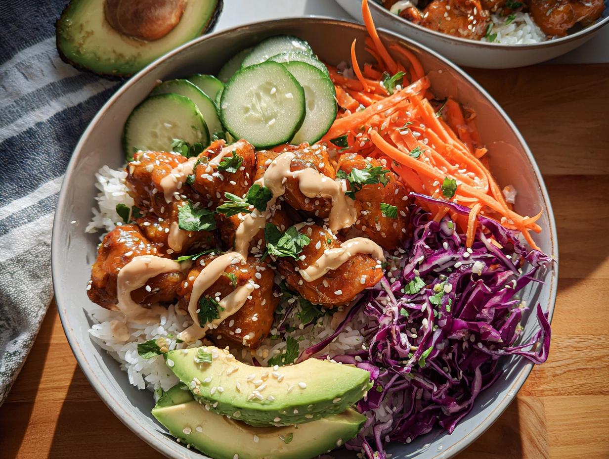 A vibrant Bang Bang Chicken Bowl featuring crispy chicken, rice, shredded carrots, red cabbage, cucumber, and avocado slices.