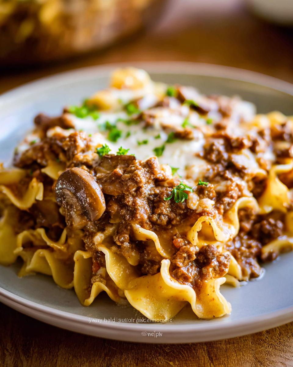Close-up of a serving of rich, meaty Beef Enchilada Casserole layered over ruffled pasta, topped with white cheese and parsley.