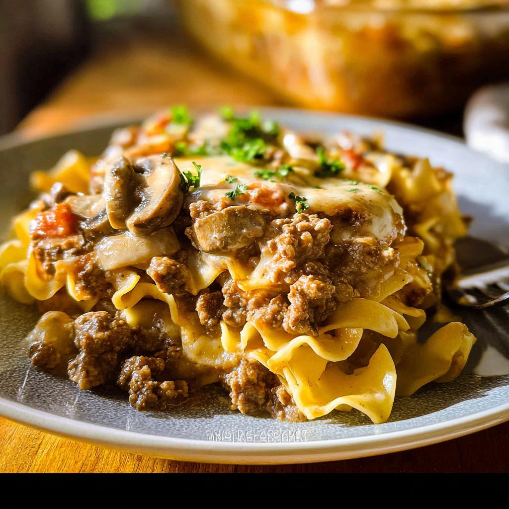 A close-up of a serving of Beef Enchilada Casserole layered with noodles, ground beef, mushrooms, and melted cheese.