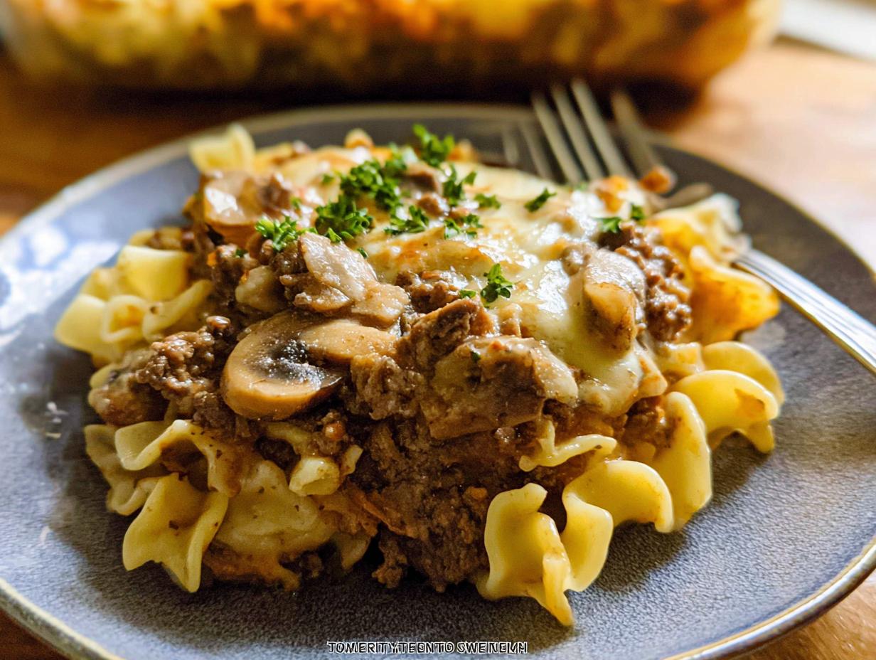 A serving of Beef Enchilada Casserole featuring ground beef, mushrooms, melted cheese, and egg noodles, garnished with parsley.