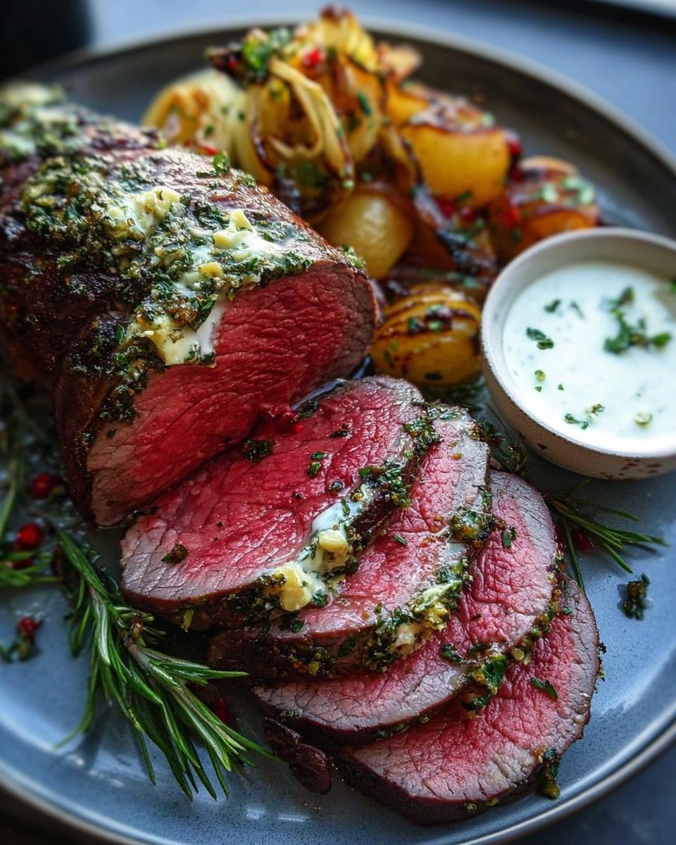 Slices of medium-rare Beef Tenderloin Roast with Garlic Herb Butter melting on top, served with roasted potatoes.