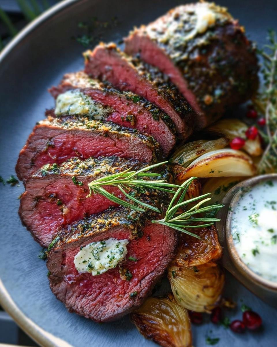Slices of medium-rare Beef Tenderloin Roast with Garlic Herb Butter melting on top, served with roasted onions.