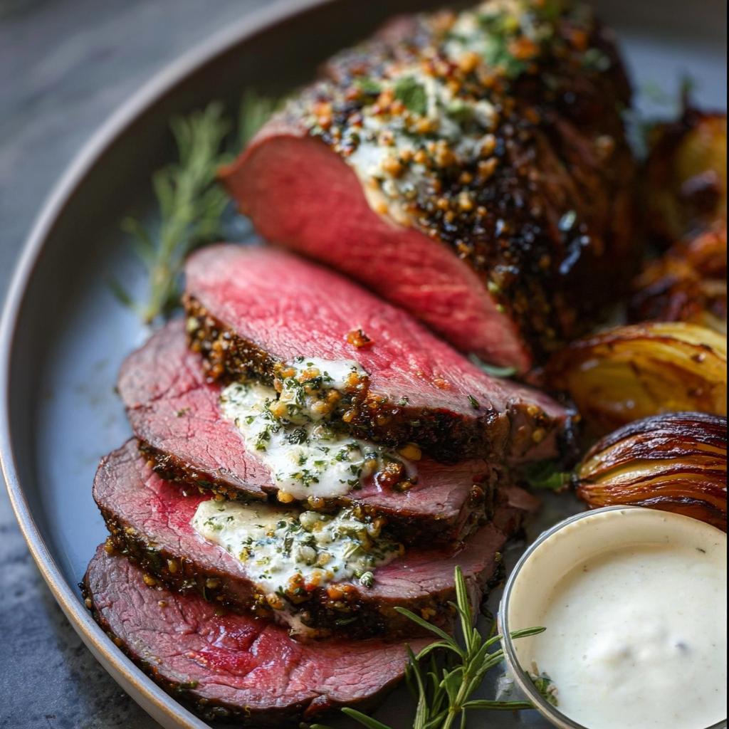 Slices of medium-rare Beef Tenderloin Roast with Garlic Herb Butter melting over the top.