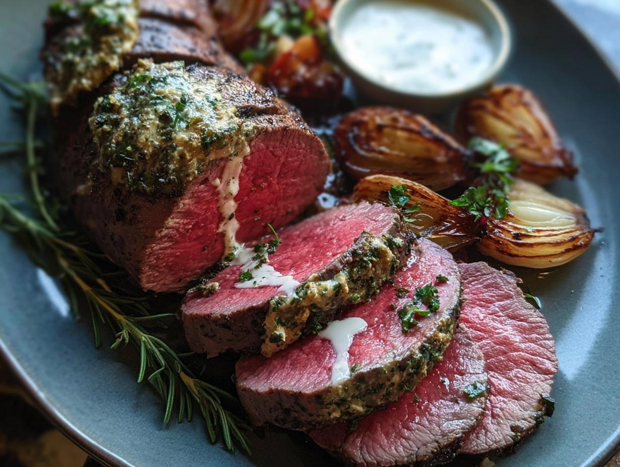 Slices of medium-rare Beef Tenderloin Roast with Garlic Herb Butter melting over the top, served with roasted onions.