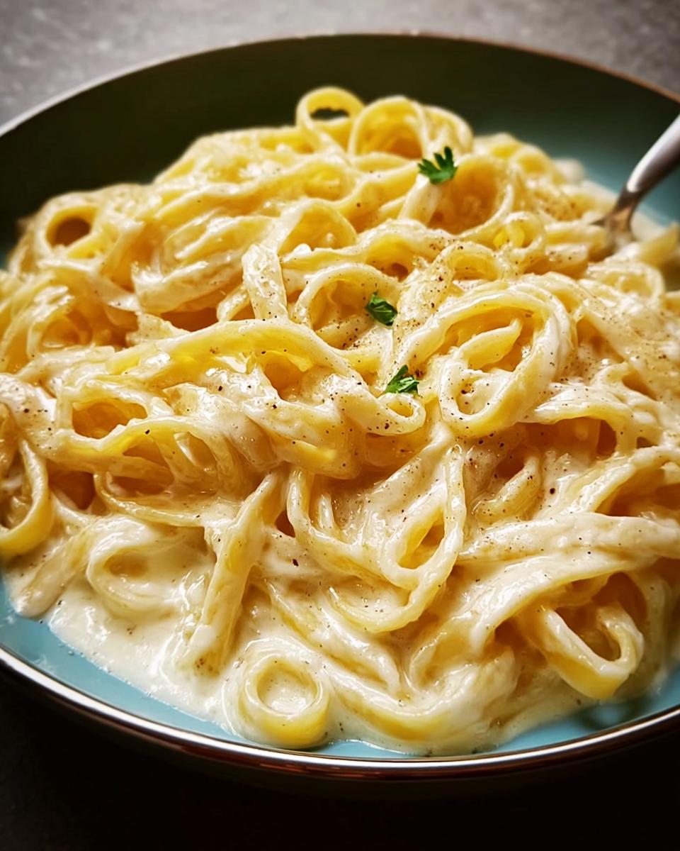 Close-up of fettuccine pasta coated in rich, creamy Best Alfredo Sauce Recipe Ever, topped with pepper and parsley.