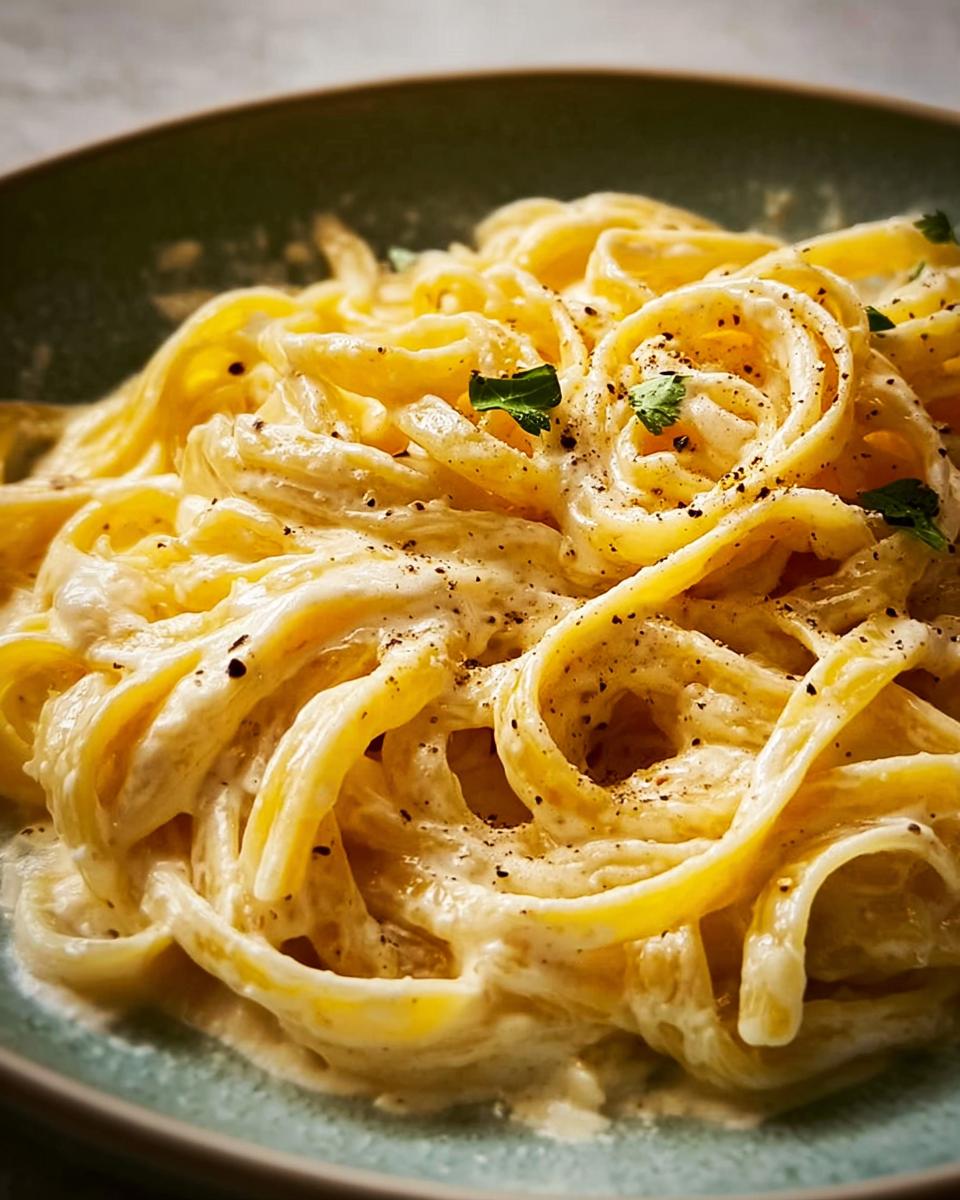 Close-up of fettuccine pasta generously coated in the Best Alfredo Sauce Recipe Ever, topped with black pepper.