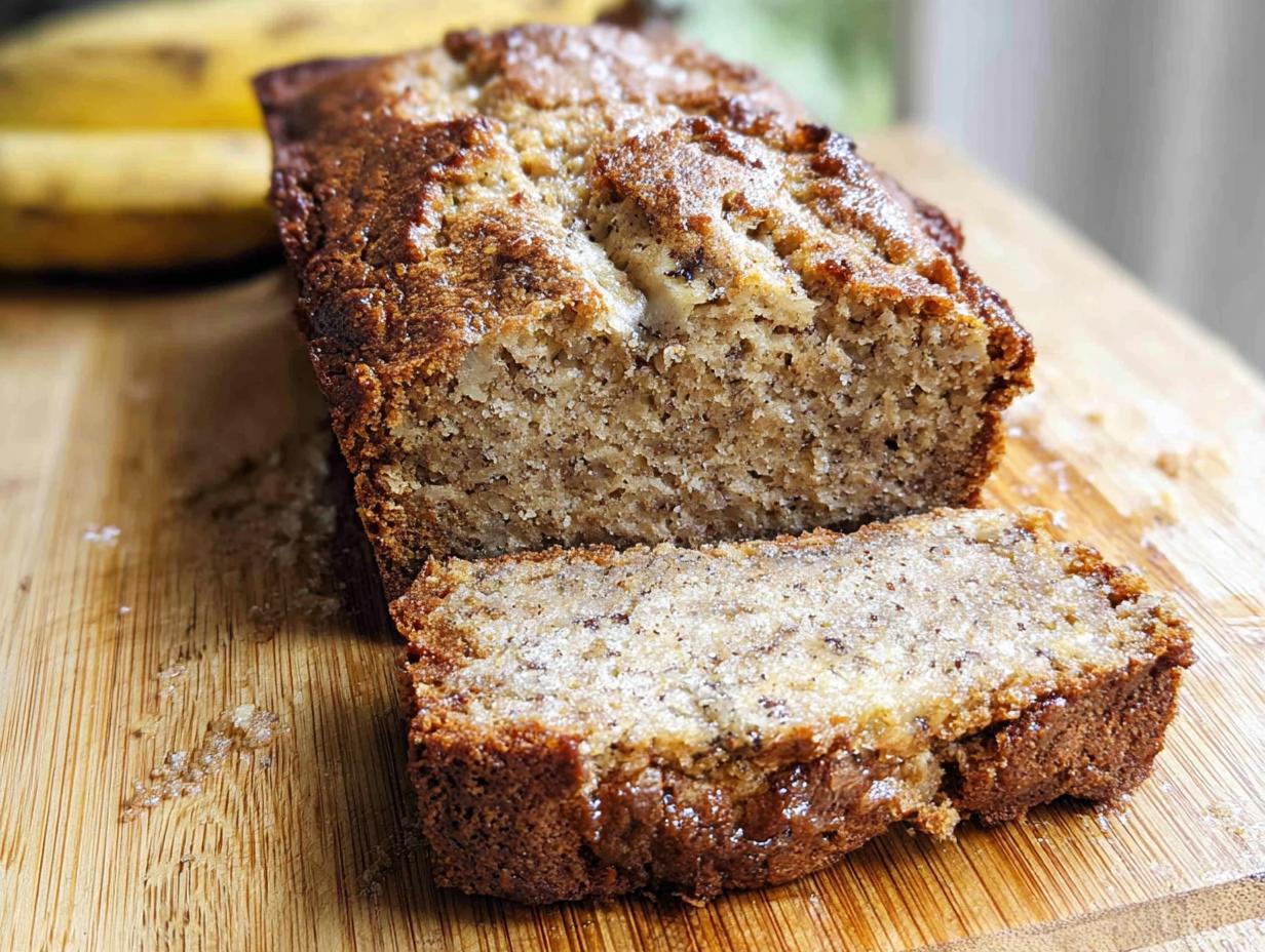 Close-up of the Best Banana Bread 2025, showing a crispy golden-brown crust and a moist, tender interior with visible banana pieces.