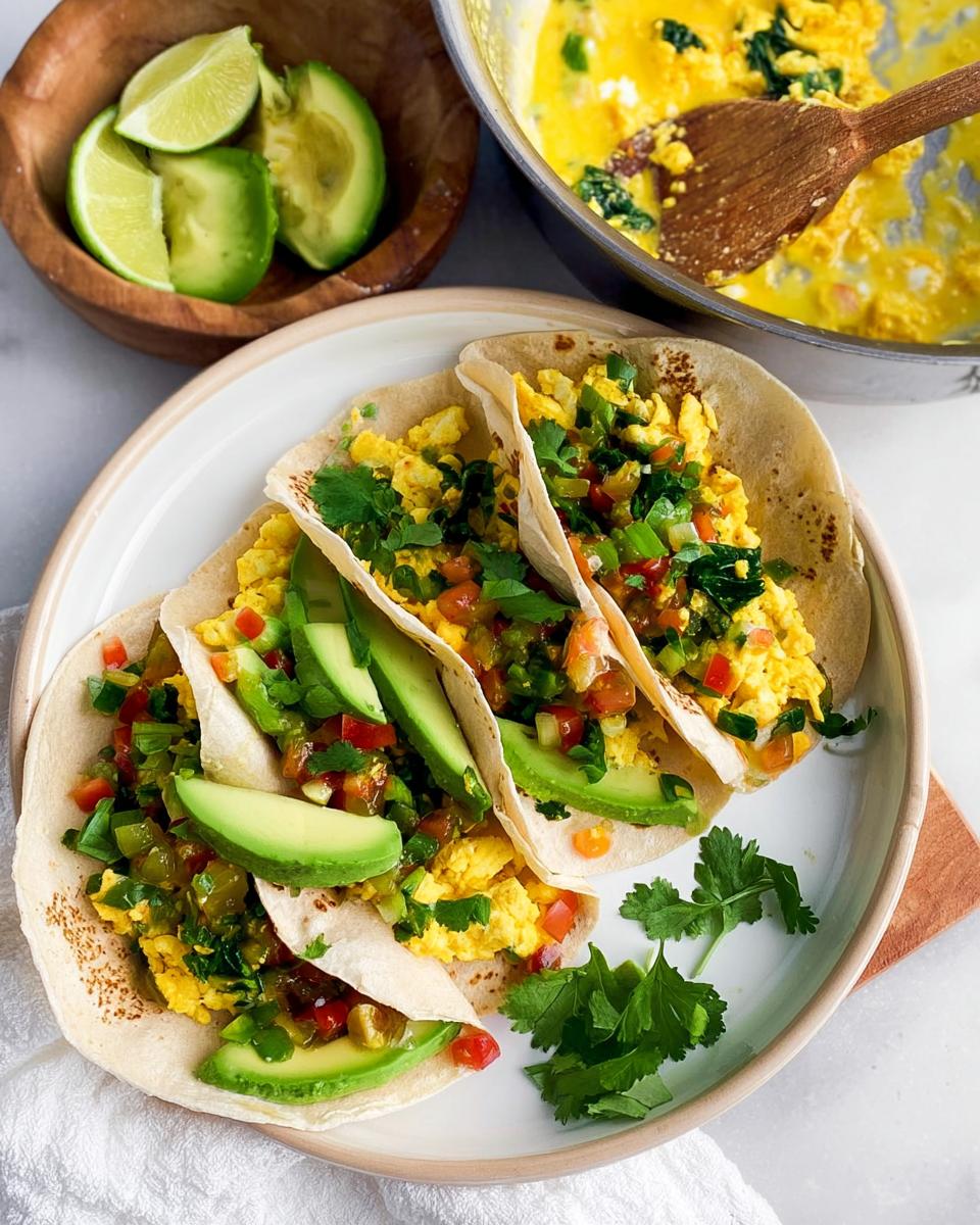 Three breakfast tacos filled with scrambled eggs, salsa, avocado, and cilantro, part of the Best Breakfast Ideas 2025.