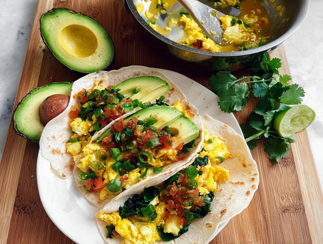 Two breakfast tacos filled with scrambled eggs, avocado, salsa, and green onions, part of the Best Breakfast Ideas 2025.